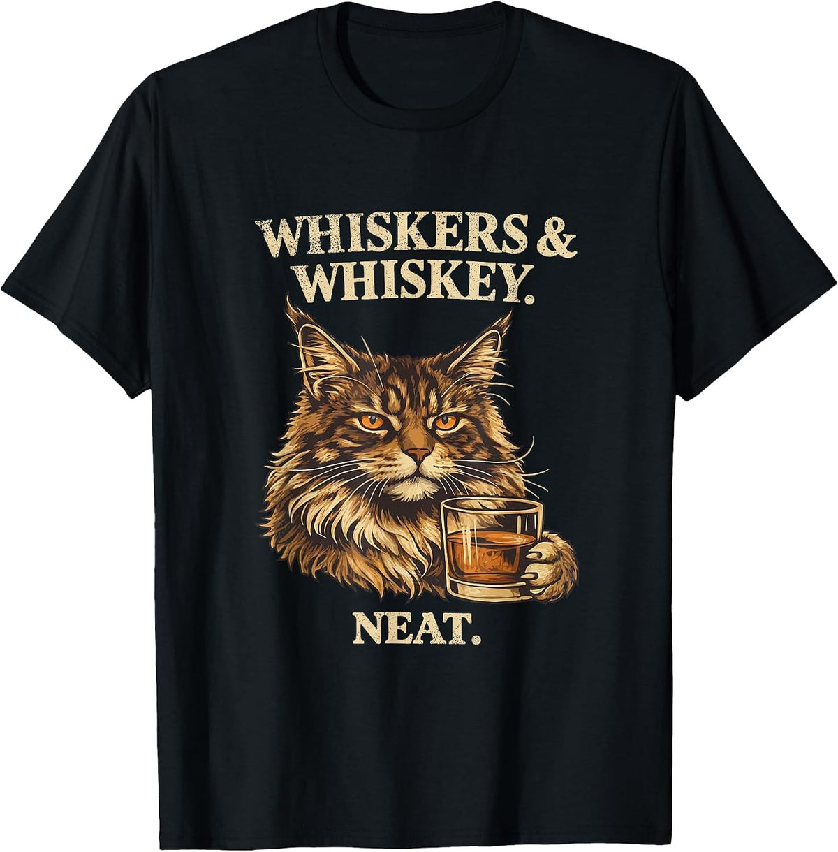 Funny Whiskers and Whiskey Neat Cat Lover Bourbon Drinker T-Shirt - Black