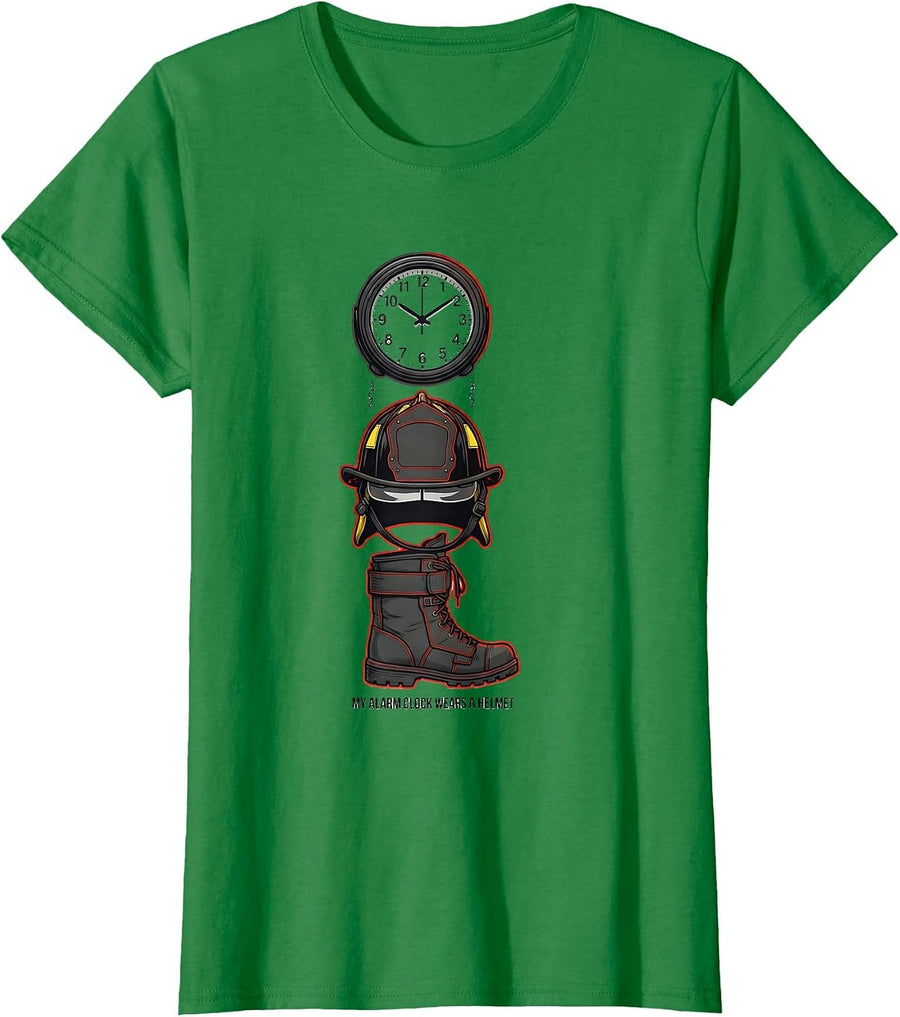 Women's My Alarm Clock Wears A Helmet Funny Firefighter Humor T-Shirt - Kelly Green