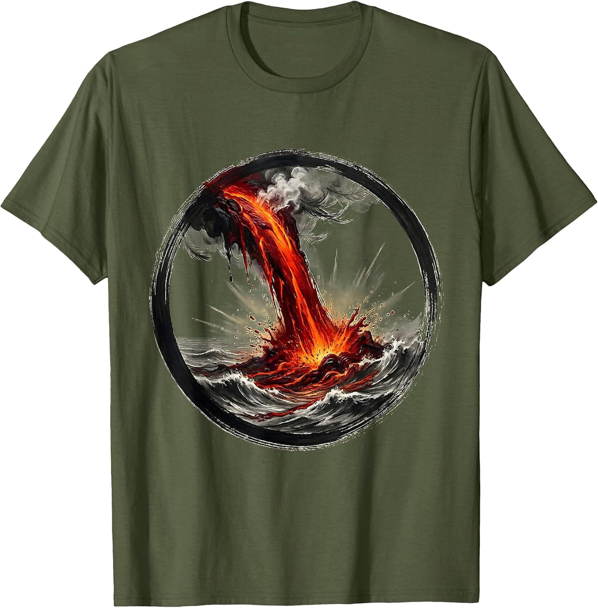 Hawaiian Lava Flow Ocean Shoreline Graphic T-Shirt - Olive Green