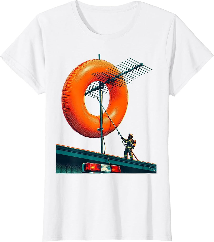 Women's Inflatable Pool Ring Firefighter Rescue Humor Novelty Gift T-Shirt - White
