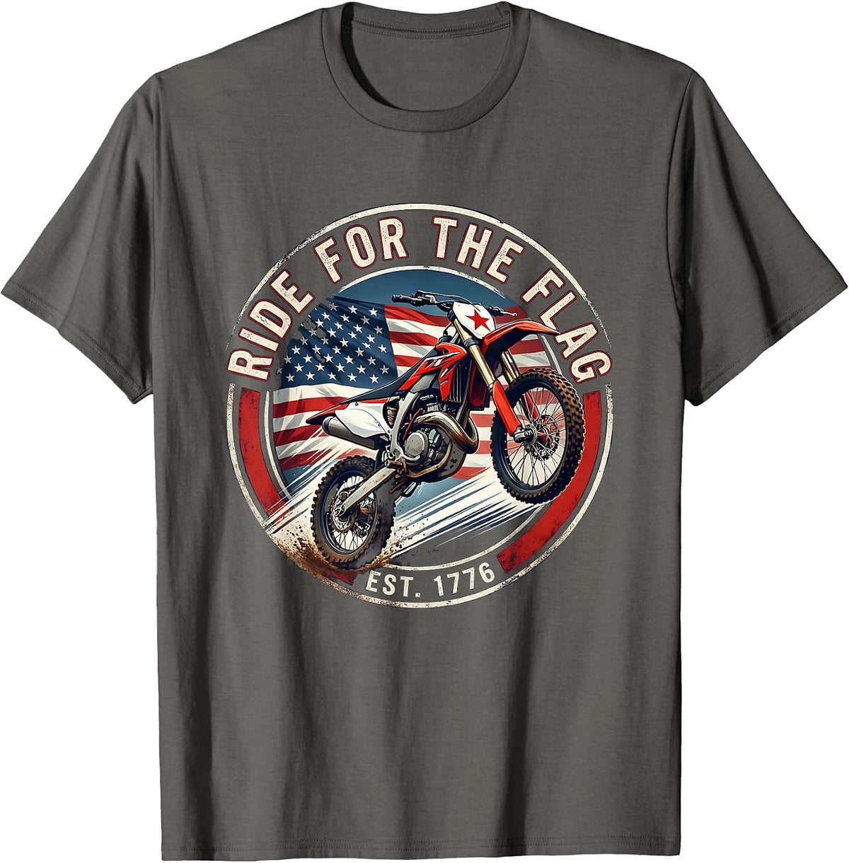 Ride For The Flag Patriotic Dirt Bike Biker Retro T-Shirt - Asphalt Grey