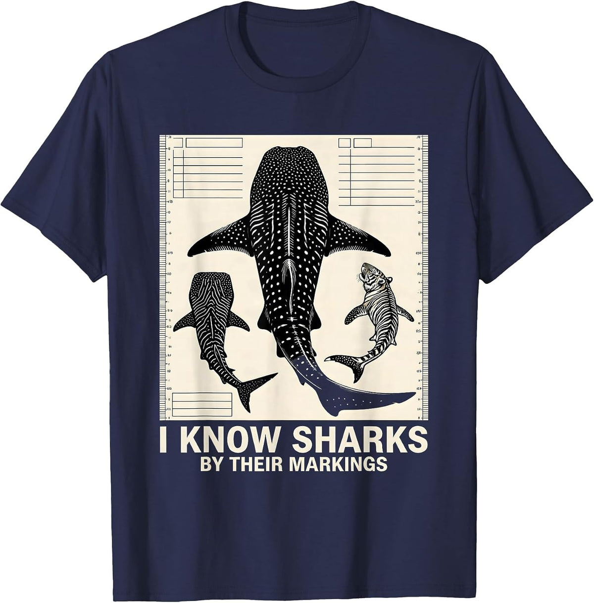 I Know Sharks By Their Markings Funny Shark Lover Marine T-Shirt - Navy Blue
