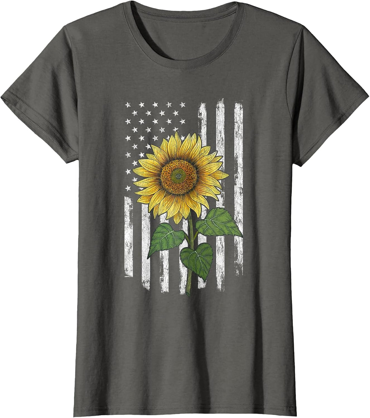 Distressed USA Flag American Flag Yellow Sunflower Summer T-Shirt - Asphalt Grey