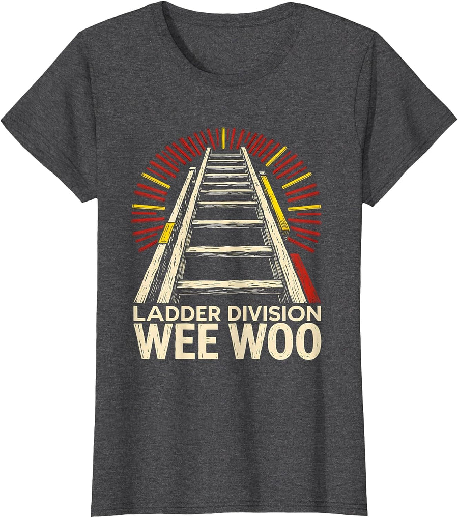 Women's LADDER DIVISION WEE WOO Funny Firefighter Badge Humor T-Shirt - Dark Heather Grey