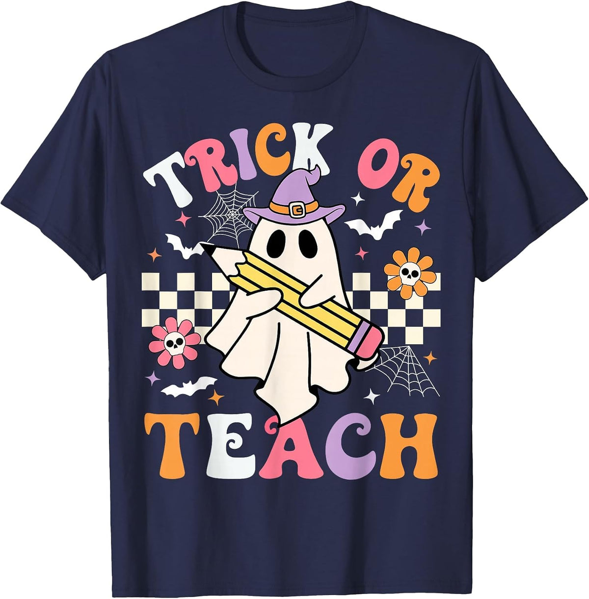 Trick Or Teach Groovy Teacher Halloween Retro Teacher Ghost T-Shirt - Navy Blue