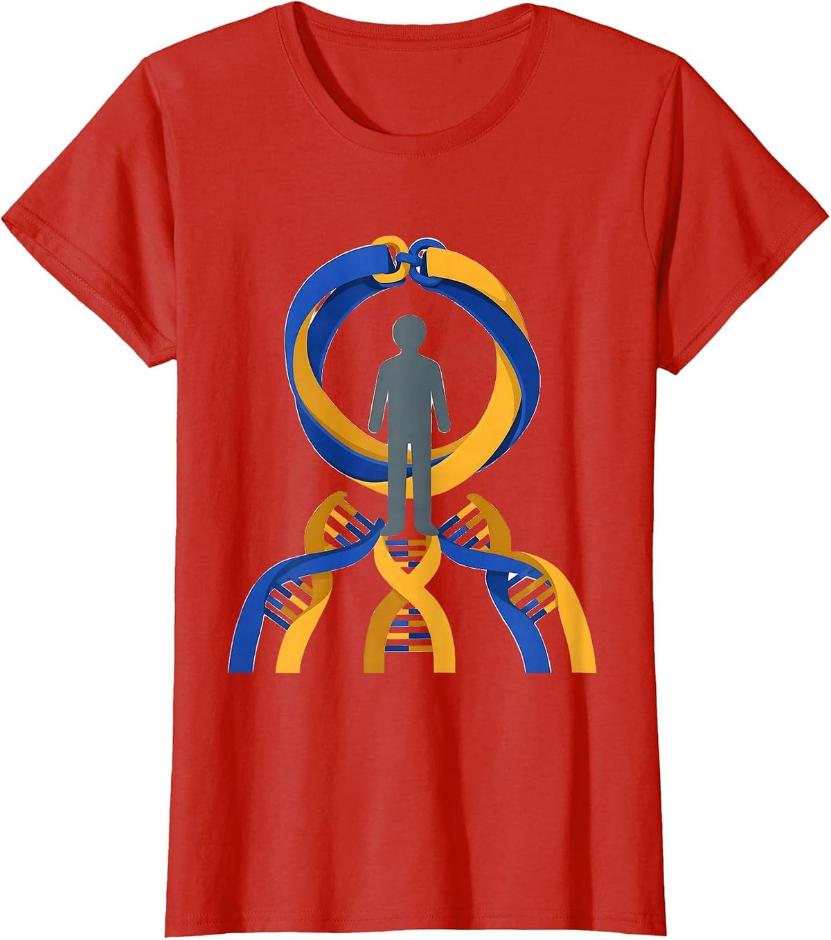 Women's Linked Wristbands Blue Yellow Down Syndrome Awareness T-Shirt - Red