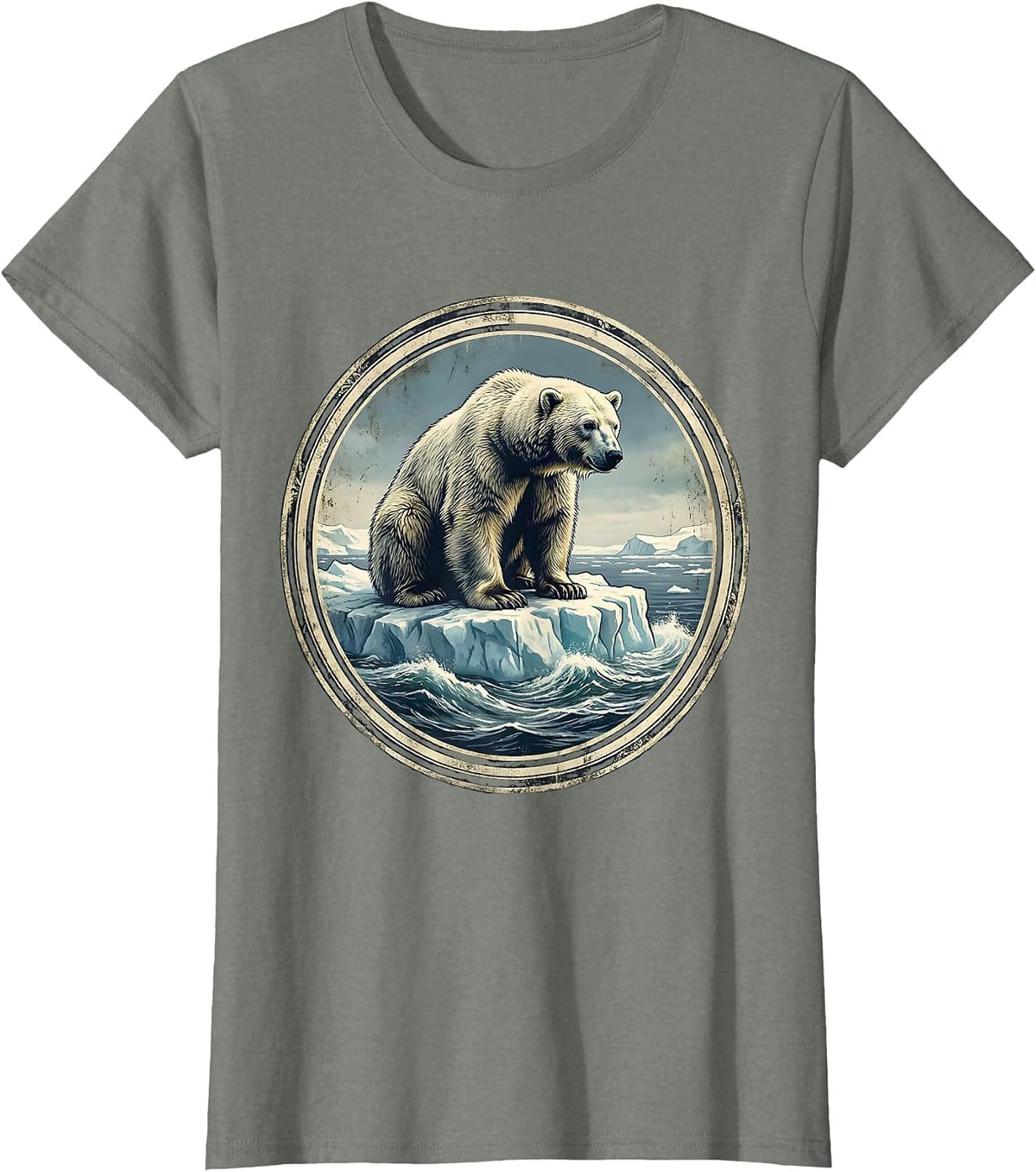 Polar Bear Drifting on Ice Floe Illustration T-Shirt - Olive Heather