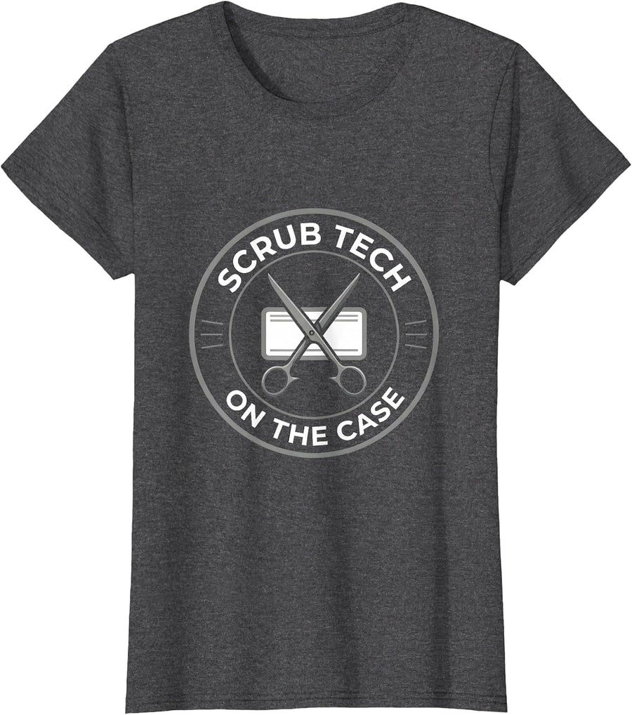 Women's Scrub Tech On The Case Funny Surgical Tech Gift T-Shirt - Dark Heather Grey