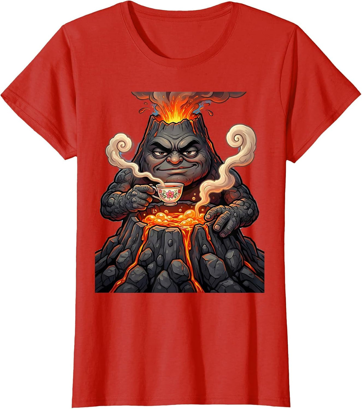 Volcano Tea Time Funny Chill Volcanic Illustration T-Shirt - Red