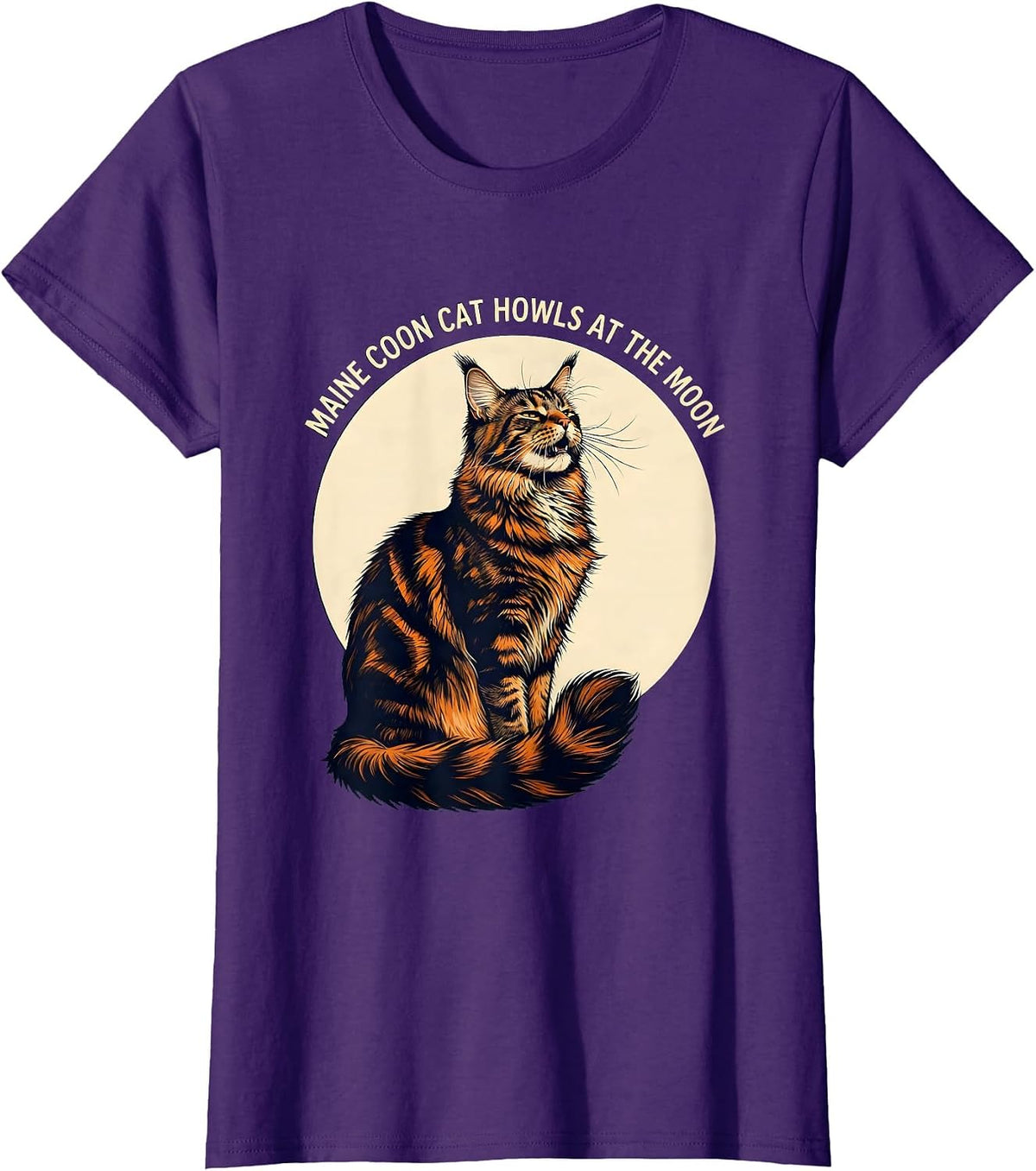 Women's Maine Coon Cat Howls at the Moon Funny Retro Novelty T-Shirt - Purple