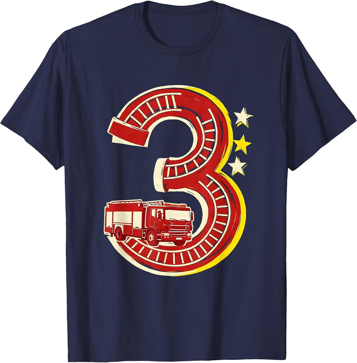 Men's Numeral Three Fire Truck Toddler Birthday Party T-Shirt - Navy Blue