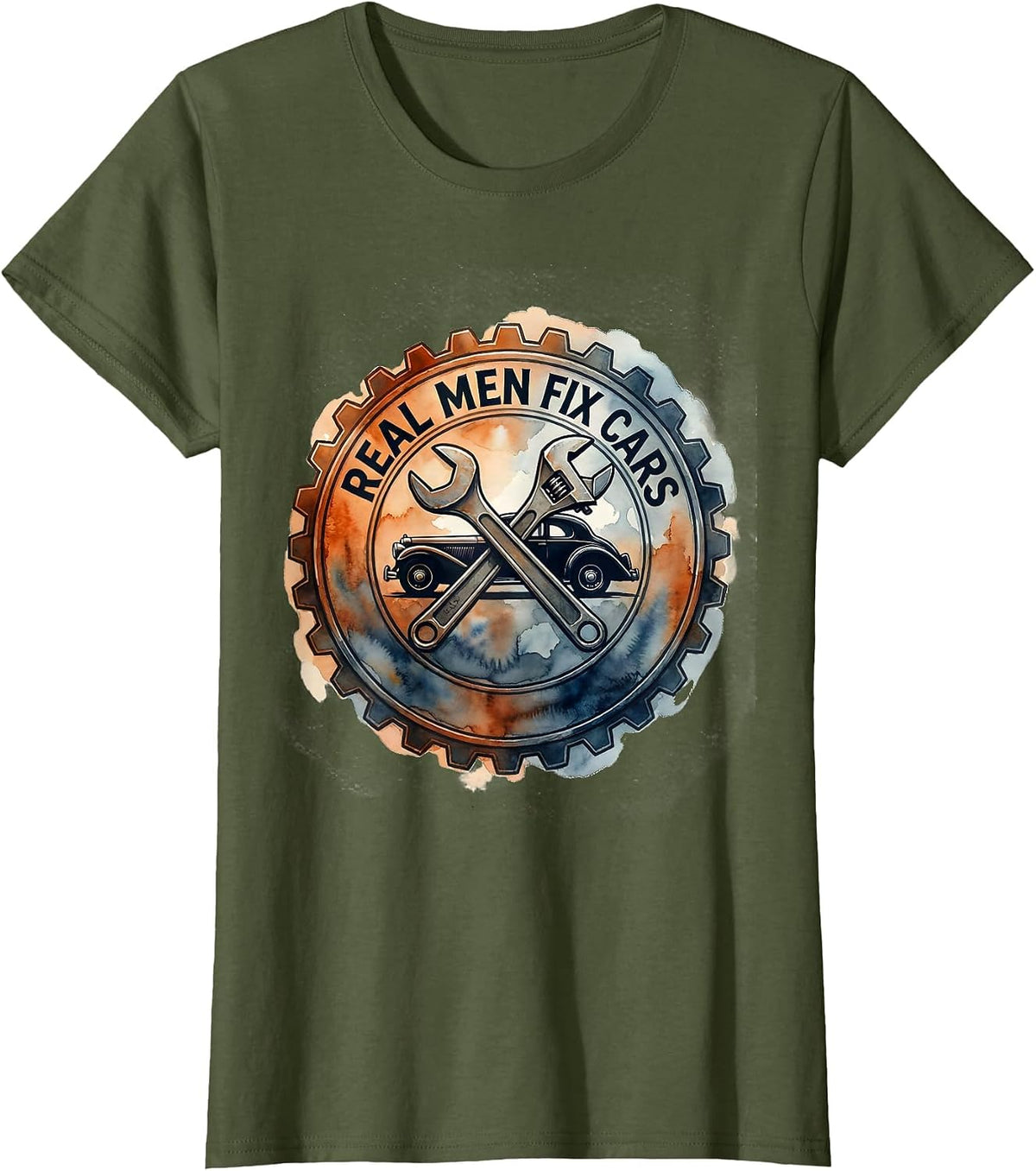 Women's Real Men Fix Cars Mechanic Pride Design T-Shirt - Olive Green