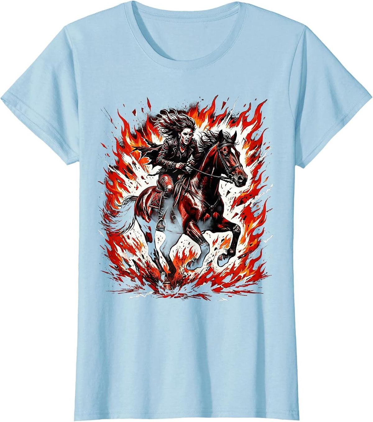 Rider Through Fire Galloping Horse Illustration T-Shirt - Baby Blue