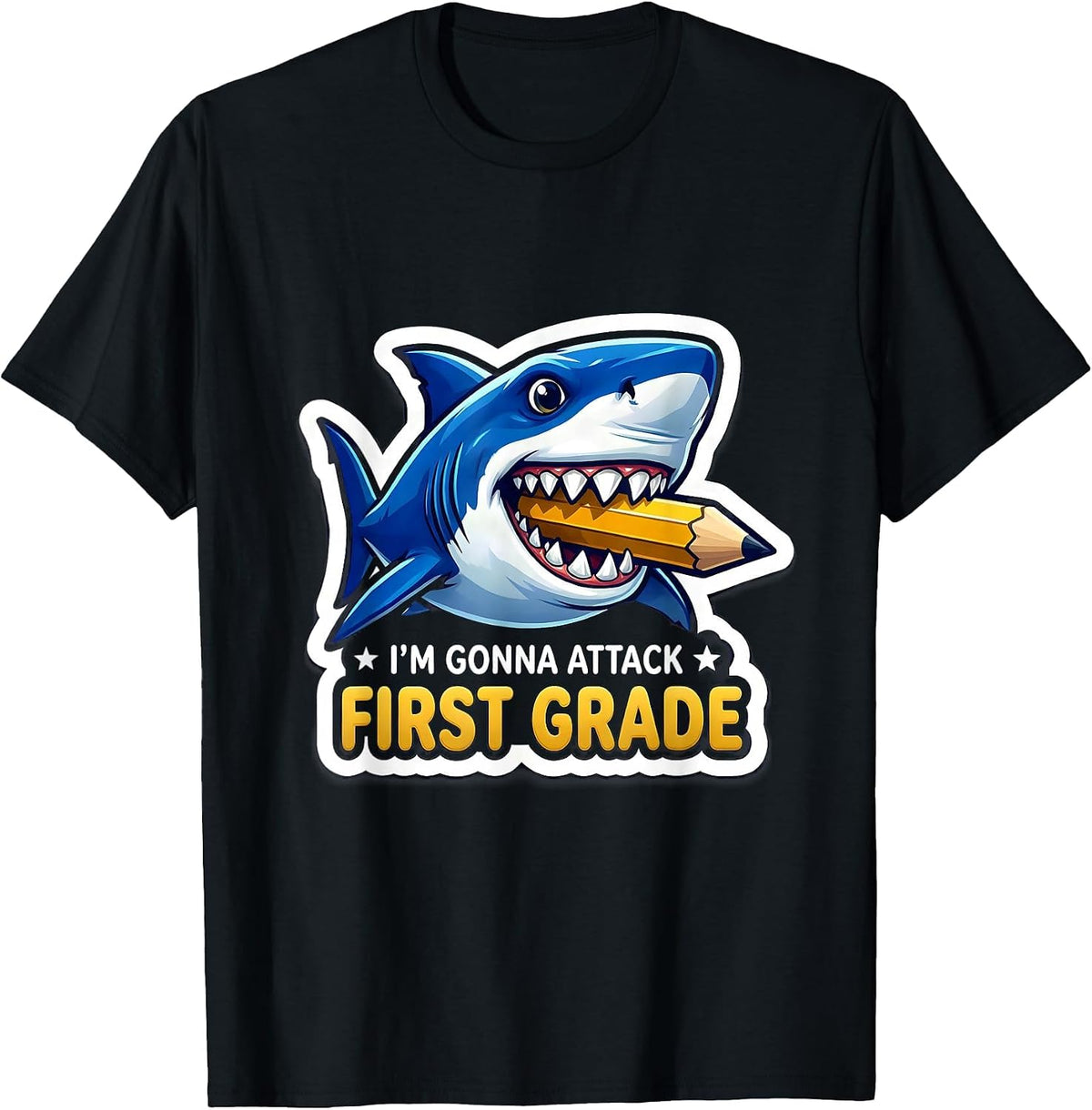 Men's I'm Gonna Attack First Grade Funny Shark Boys Back to School T-Shirt - Black