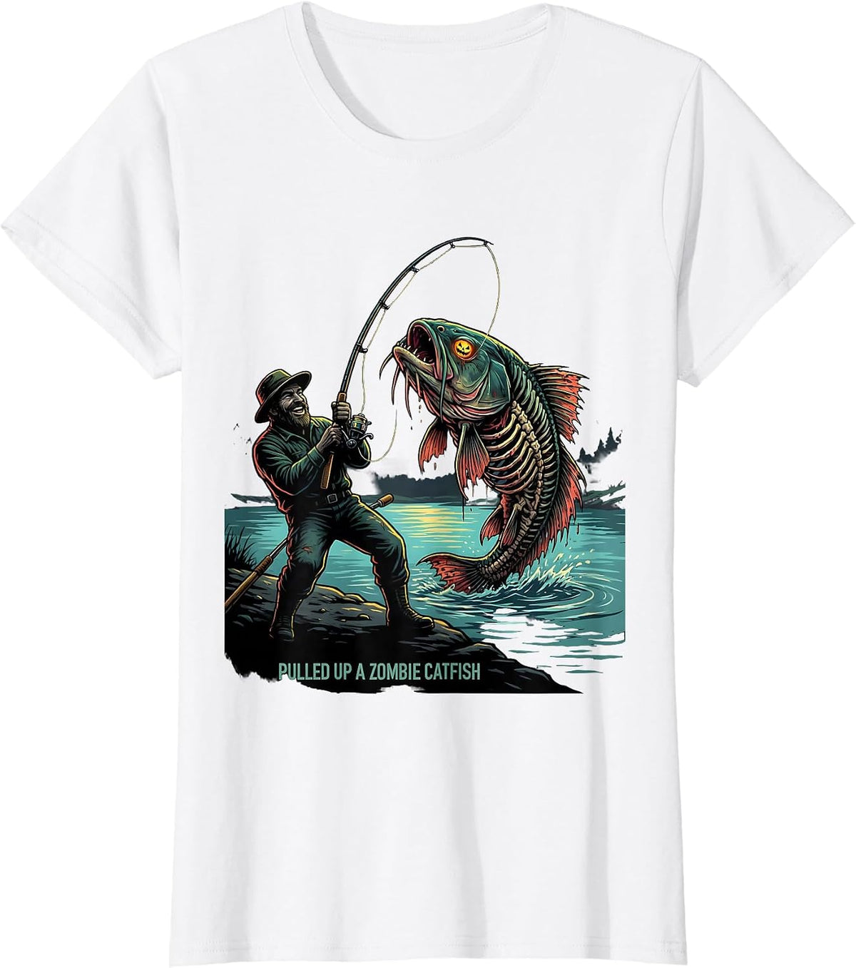 Pulled Up A Zombie Catfish Funny Halloween Fishing Spooky T-Shirt - White