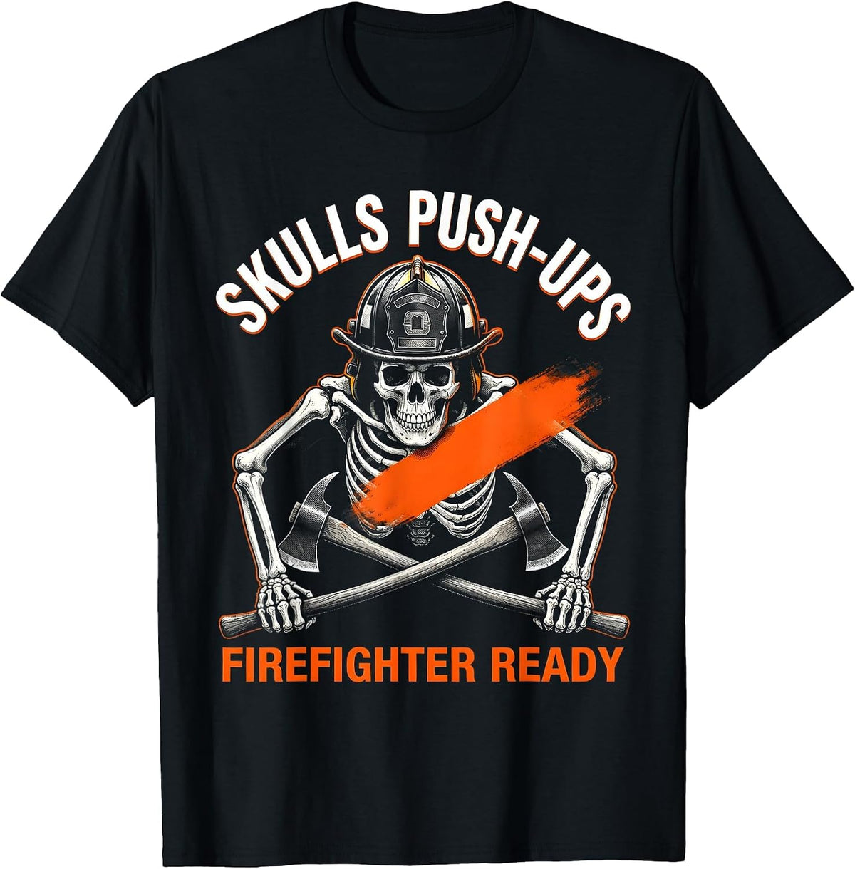 Men's Halloween Firefighter Skull Push-Ups Design T-Shirt - Black