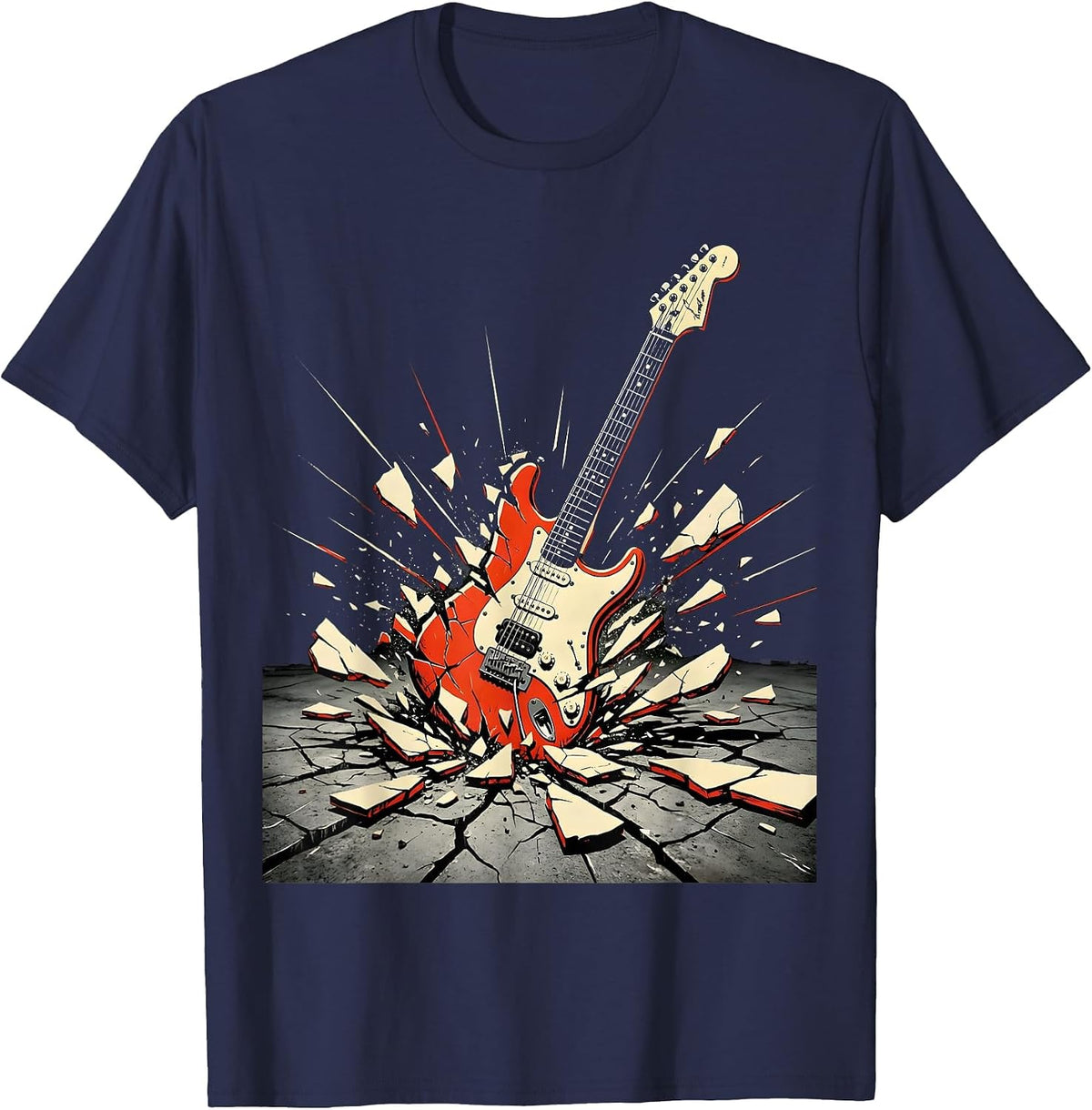 Punk Rock Electric Guitar Smash Graphic Tee T-Shirt - Navy Blue
