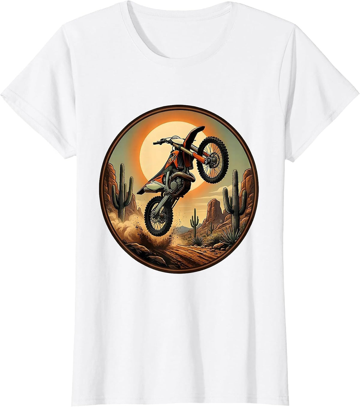 Dirt Bike Mid-Jump Over Desert Cacti Graphic T-Shirt - White