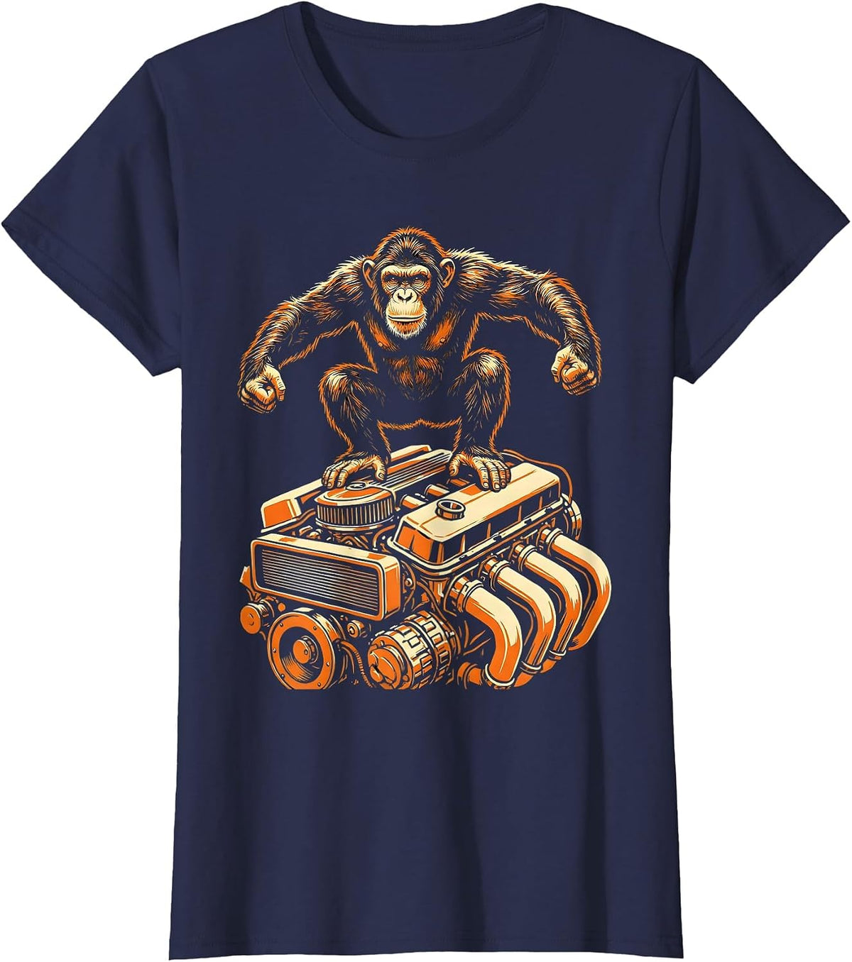 Women's Grease Monkey Mechanic Sitting on Car Engine T-Shirt - Navy Blue