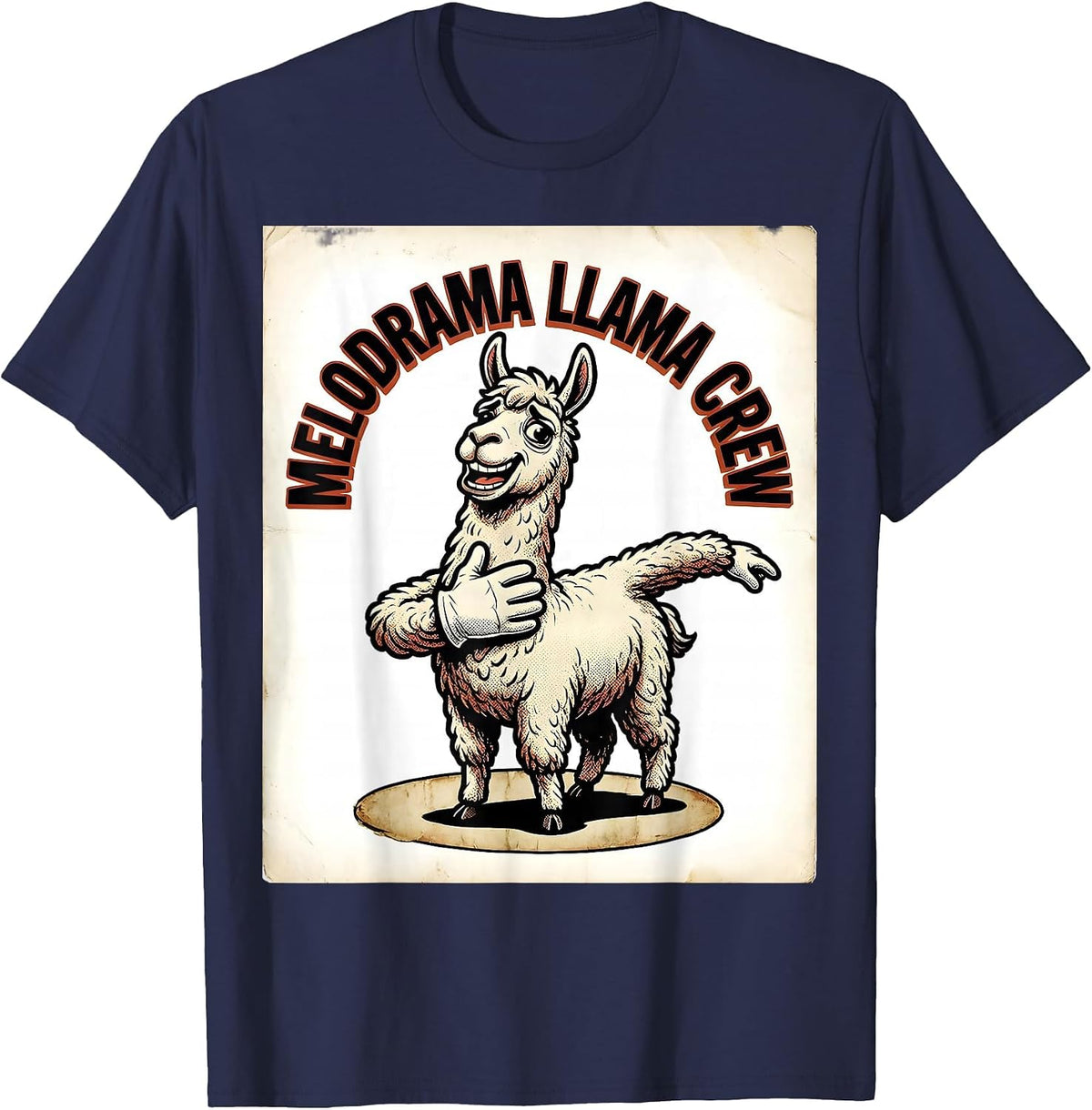 Melodrama Llama Crew Retro Cartoon Funny Llama Lover Gift T-Shirt - Navy Blue