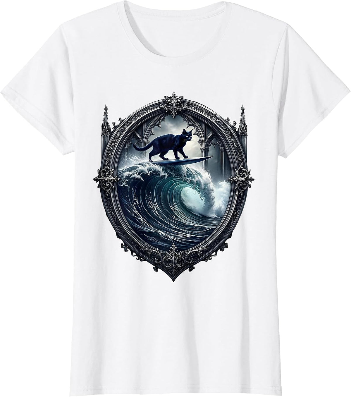 Cat Surfing Ocean Wave Illustration T-Shirt - White