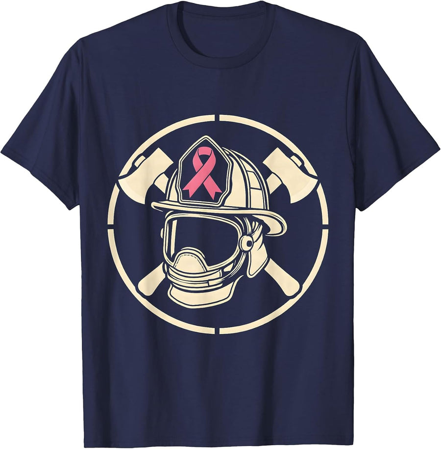 Firefighter Helmet Pink Ribbon Breast Cancer Awareness T-Shirt - Navy Blue