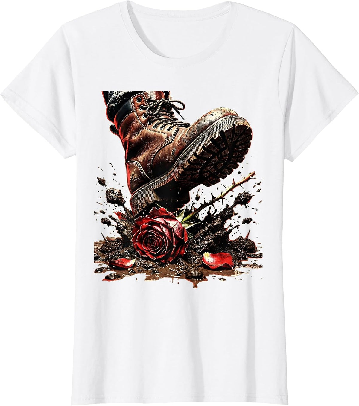 Punk Boot Stomping Rose in Mud Graphic T-Shirt - White