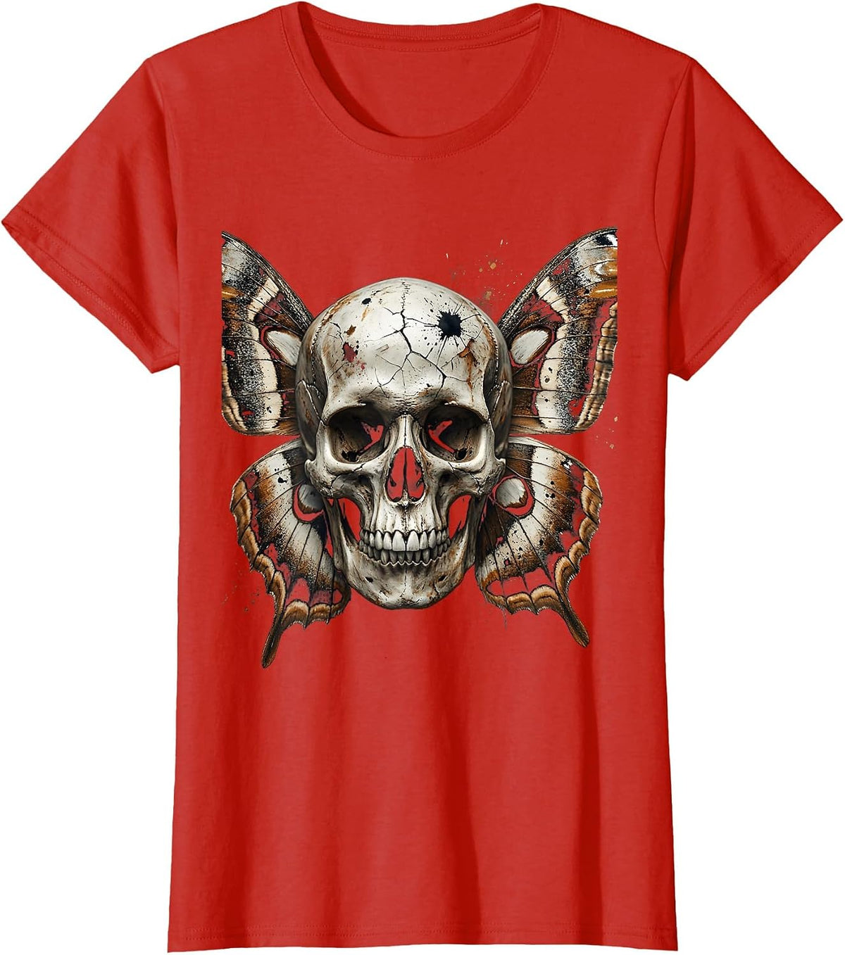 Grunge Skull Moth Wings Dark Gothic Design T-Shirt - Red