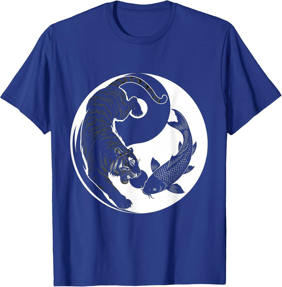 Men's Tiger and Koi Fish Yin-Yang Balance Design T-Shirt - Royal Blue
