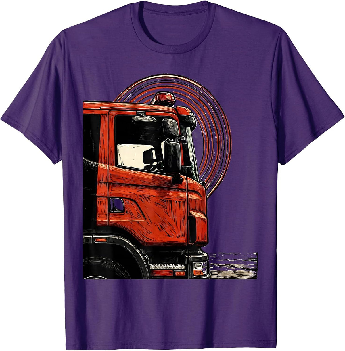 Men's Fire Truck Cab Linocut Funny Firefighter Gift T-Shirt - Purple