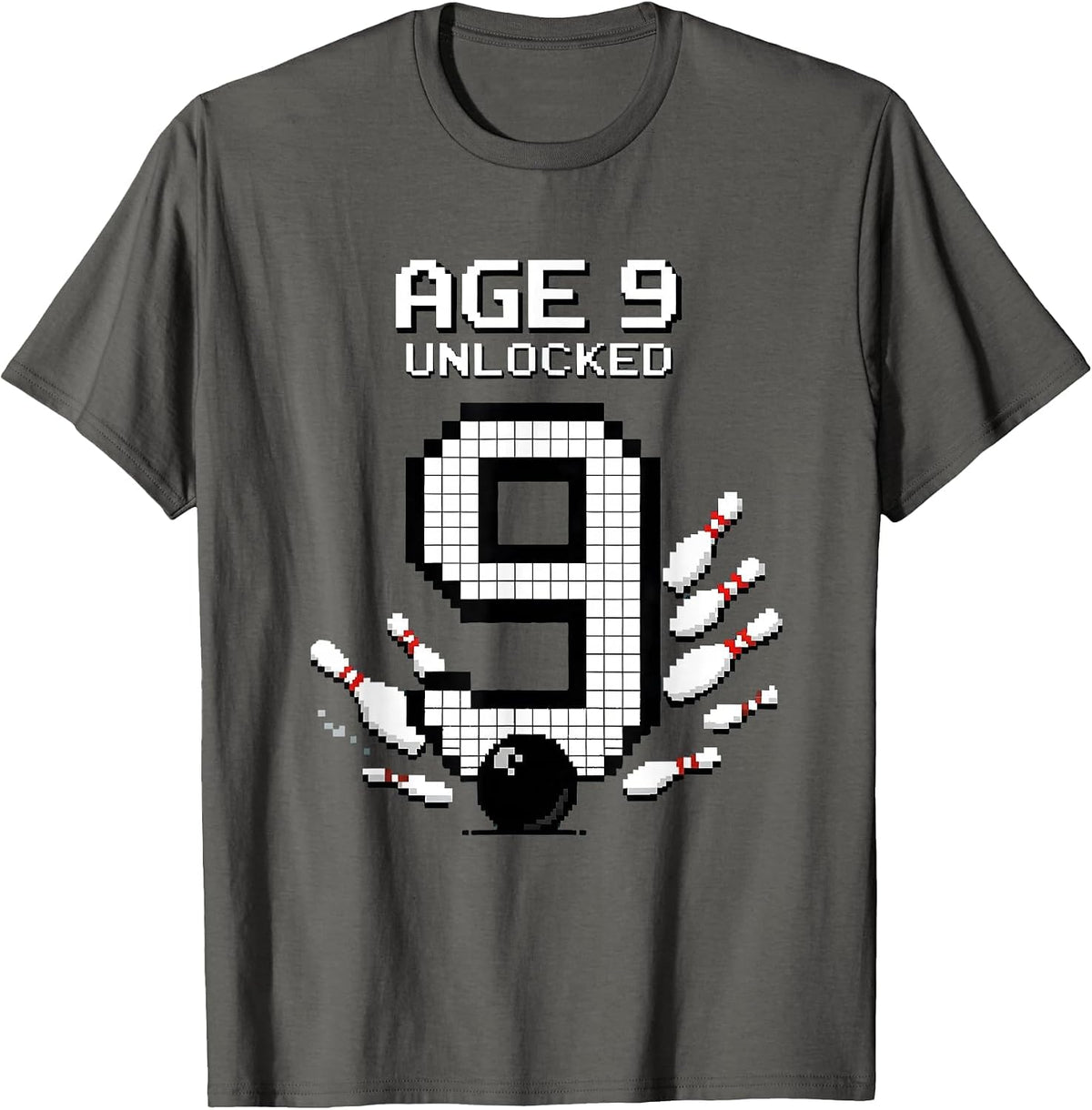 Men's Age 9 Unlocked Pixel Art Bowling Birthday Party 9th Birthday T-Shirt - Asphalt Grey