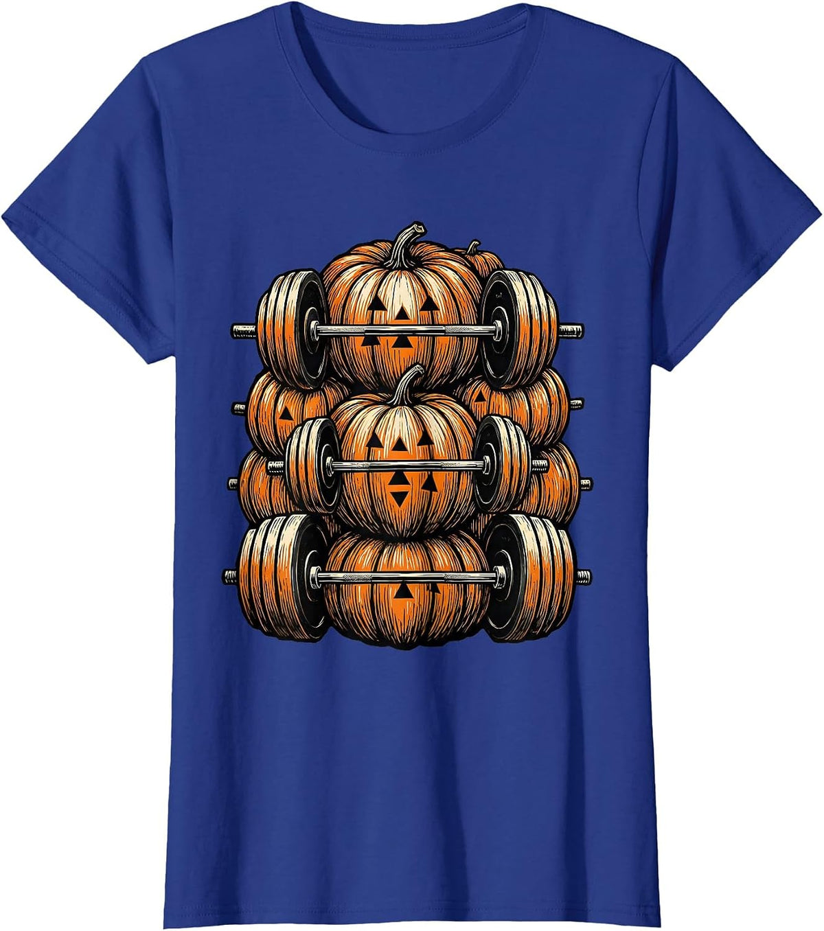 Women's Pumpkin Weightlifting Linocut Halloween Gym Workout T-Shirt - Royal Blue