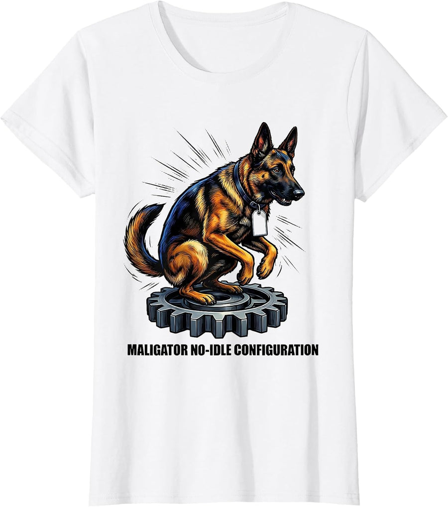 Women's Maligator No-Idle Configuration Funny Belgian Malinois Dog T-Shirt - White