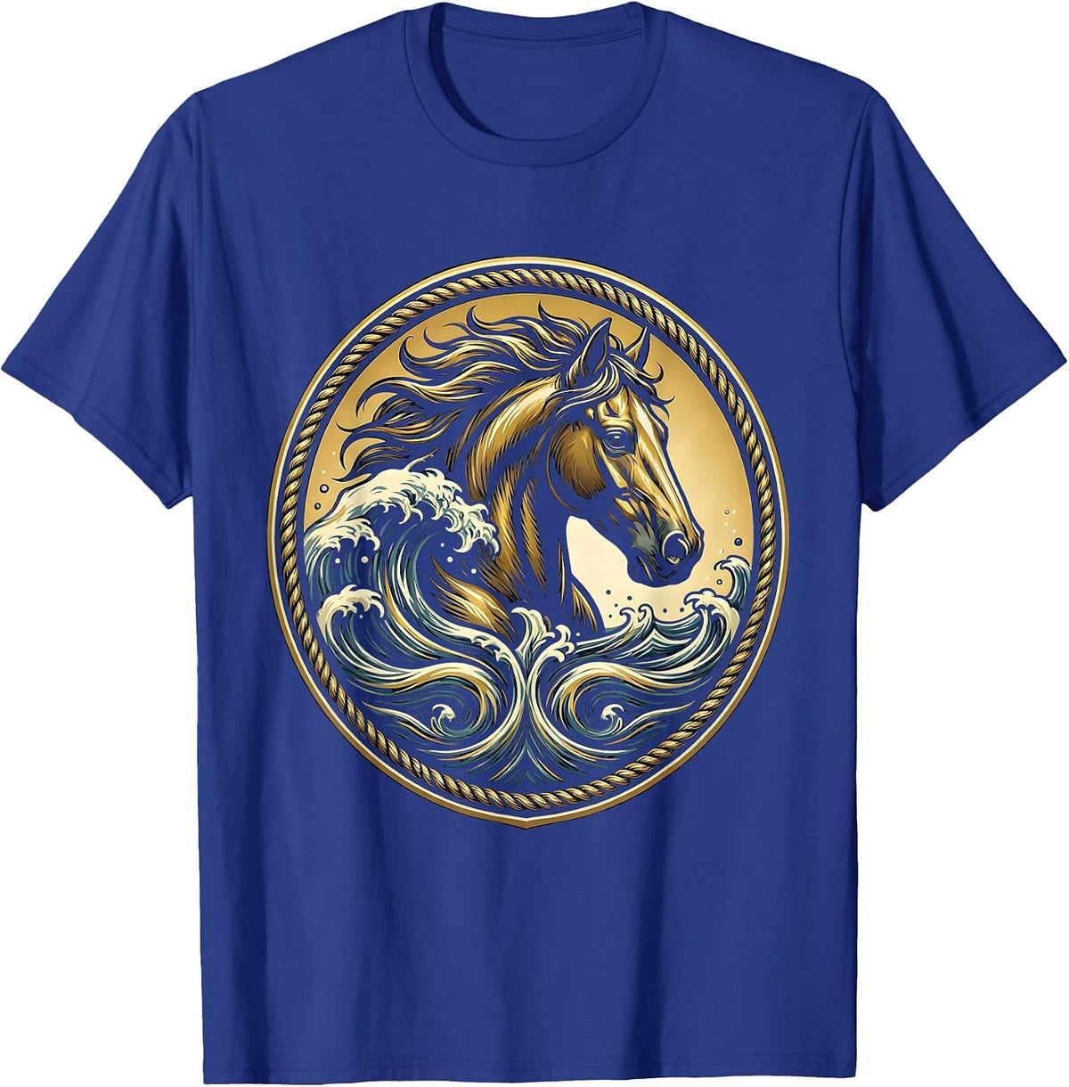 Horse Head Rising from Ocean Waves Graphic T-Shirt - Royal Blue