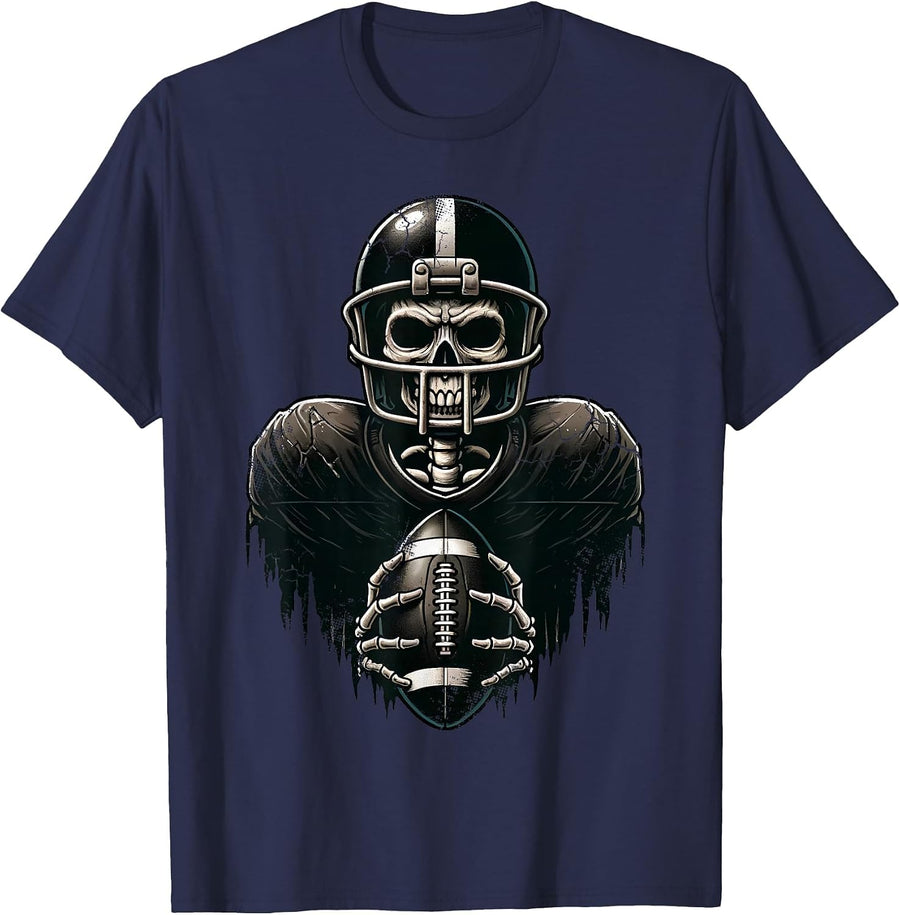 Halloween Skeleton Football Player Spooky Sports Graphic T-Shirt - Navy Blue