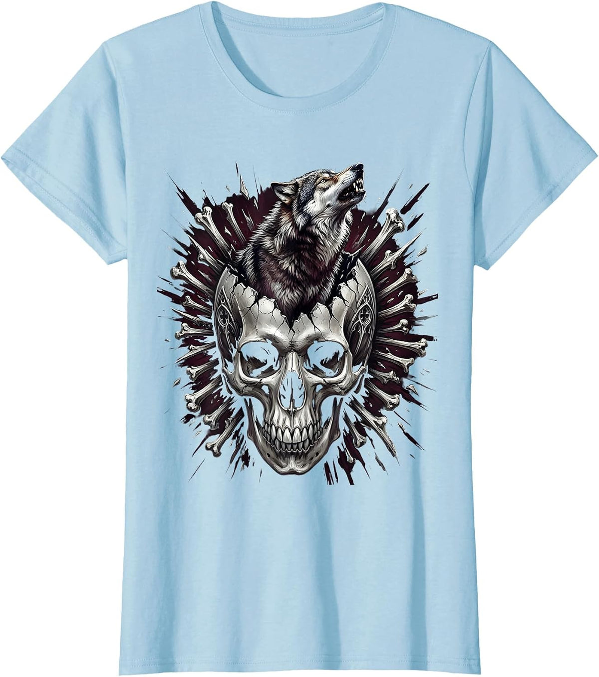 Wolf Howling Through Cracked Skull Goth Design T-Shirt - Baby Blue