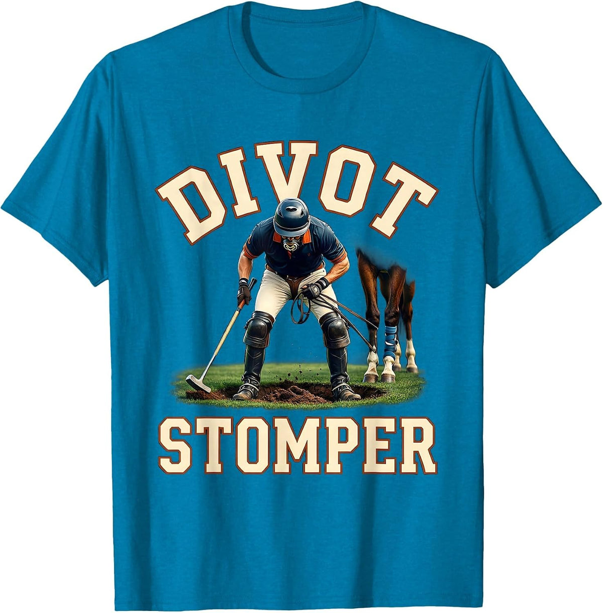Divot Stomper Polo Player Horseback Riding Equestrian Sport T-Shirt - Sapphire Blue