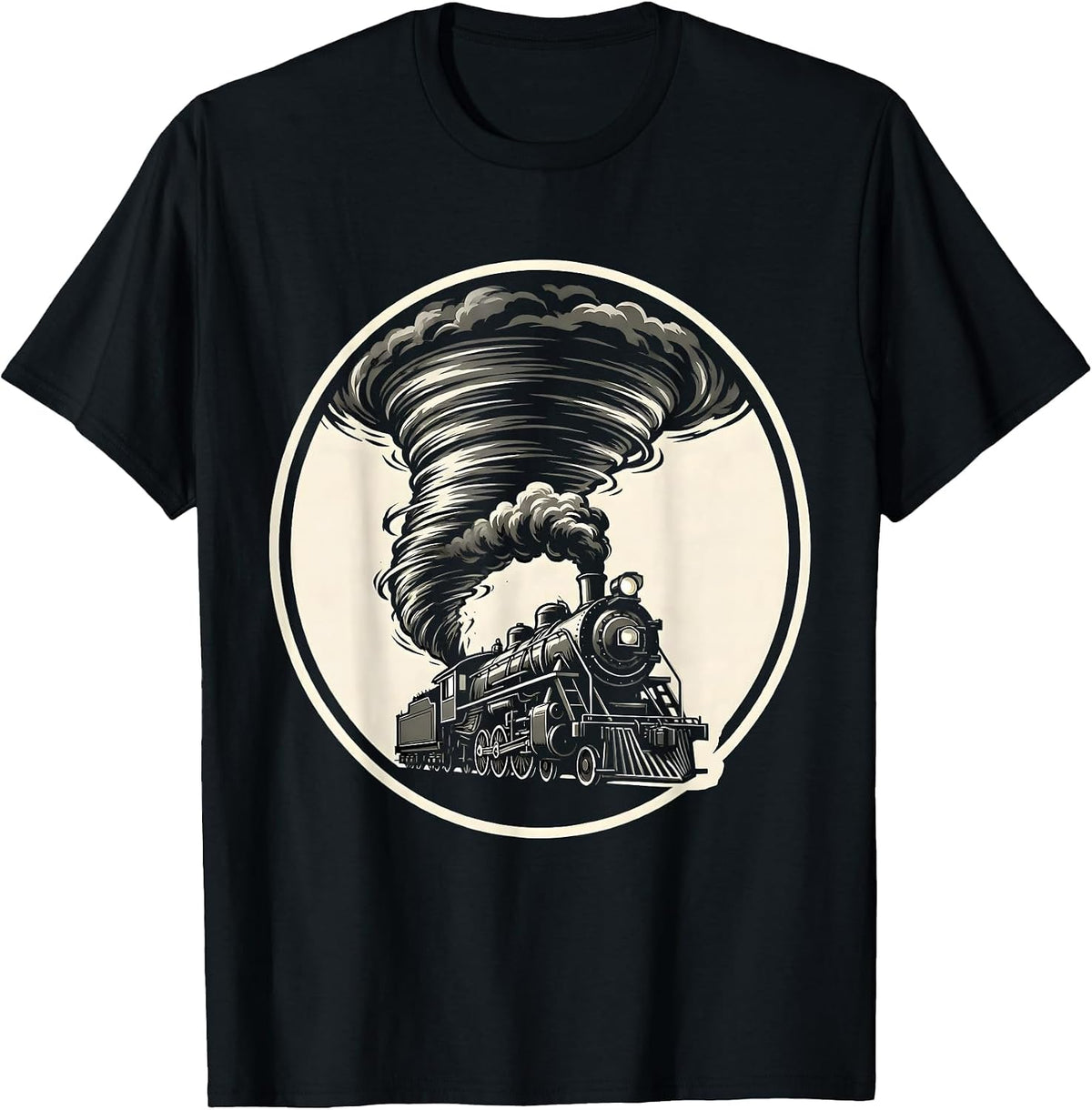 Men's Train Engine Emerging From Tornado Funnel T-Shirt - Black