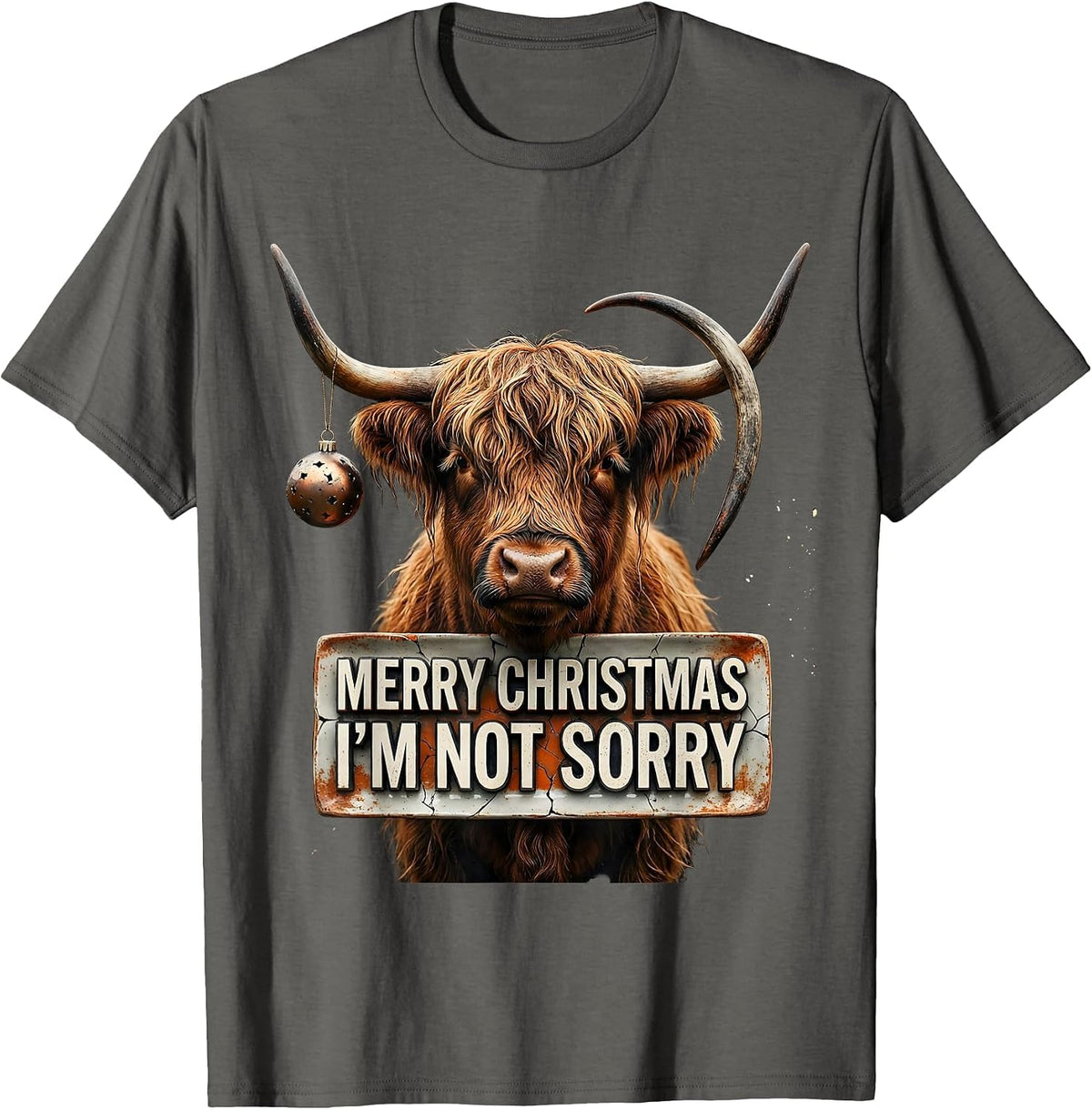 Merry Christmas I'm Not Sorry Distressed Highland Cow Farm T-Shirt - Asphalt Grey