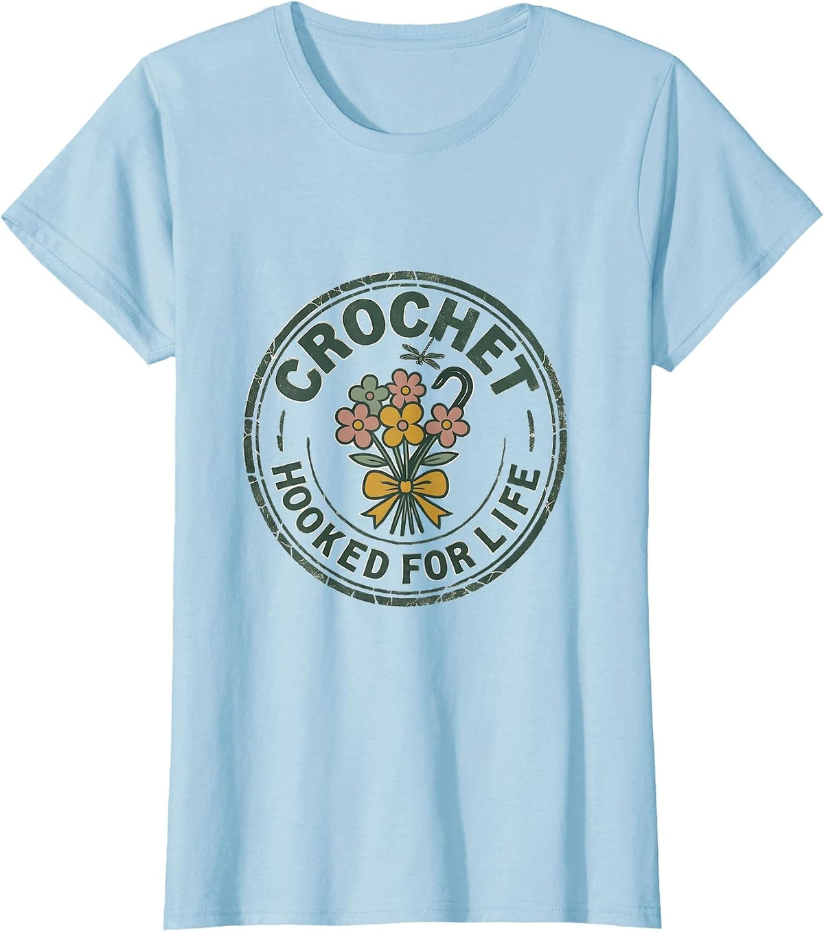 Crochet Hooked For Life Floral Boho Design T-Shirt - Baby Blue