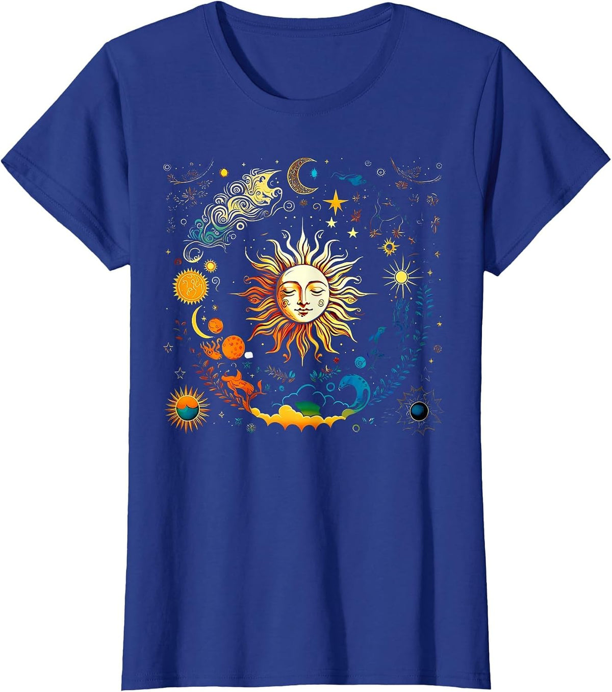 Celestial Sun & Elements Stars Boho Luna Solar Astronomy T-Shirt - Royal Blue