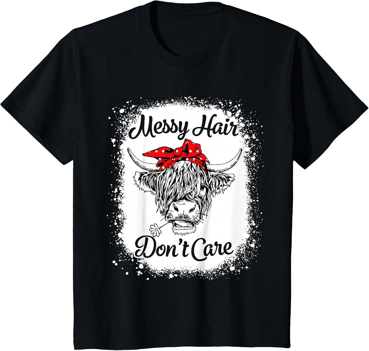 Bleached Highland Cow Cattle Bandana Messy Hair Don't Care T-Shirt - Black