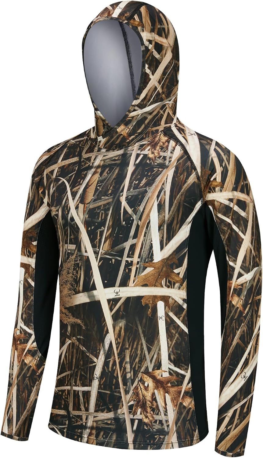 Men's UPF 50+ Camo Tactical Shirt 4-Way Stretch Breathable Long Sleeve Hunting Fishing Hoodie with Thumbholes - Cattail Camo