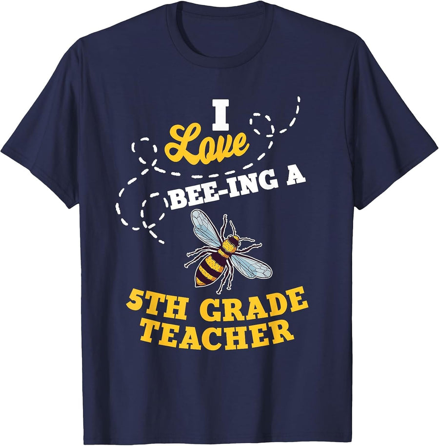 I Love Bee-Ing A 5th Grade Teacher Honey Bee Job Profession T-Shirt - Navy Blue