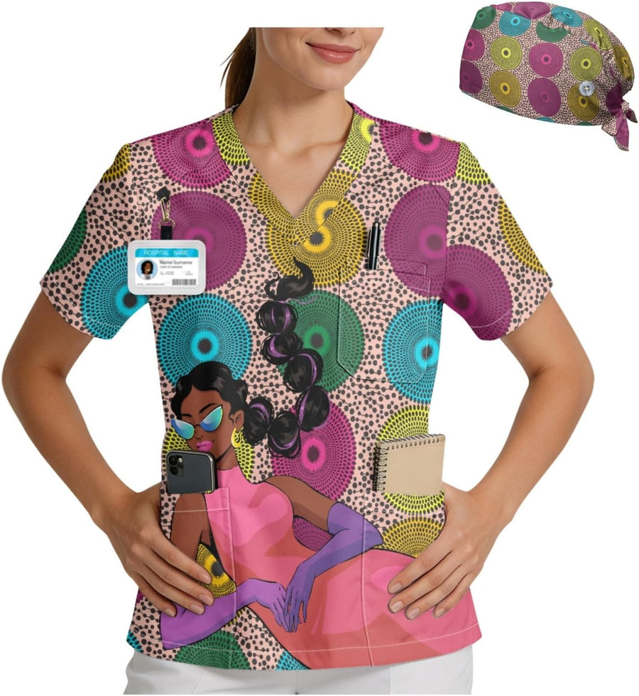 Women's V-Neck Scrubs Set with Cap, 4 Pockets Nursing Uniform - African American Black Girls