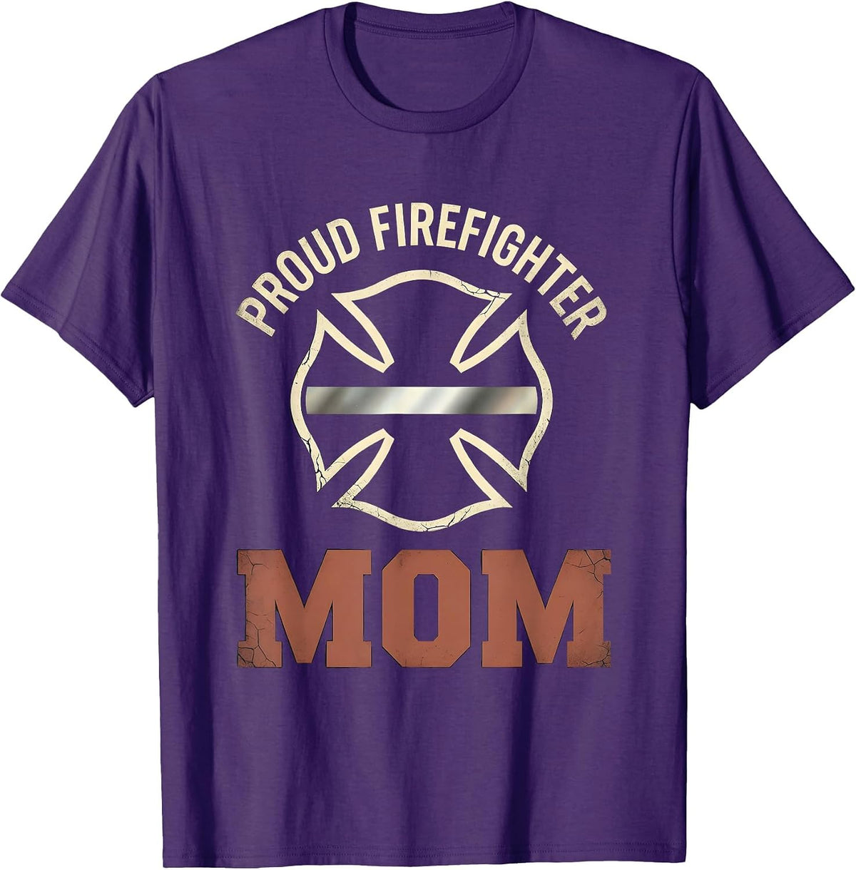 Proud Firefighter Mom Distressed Thin Red Line Maltese Cross T-Shirt - Purple