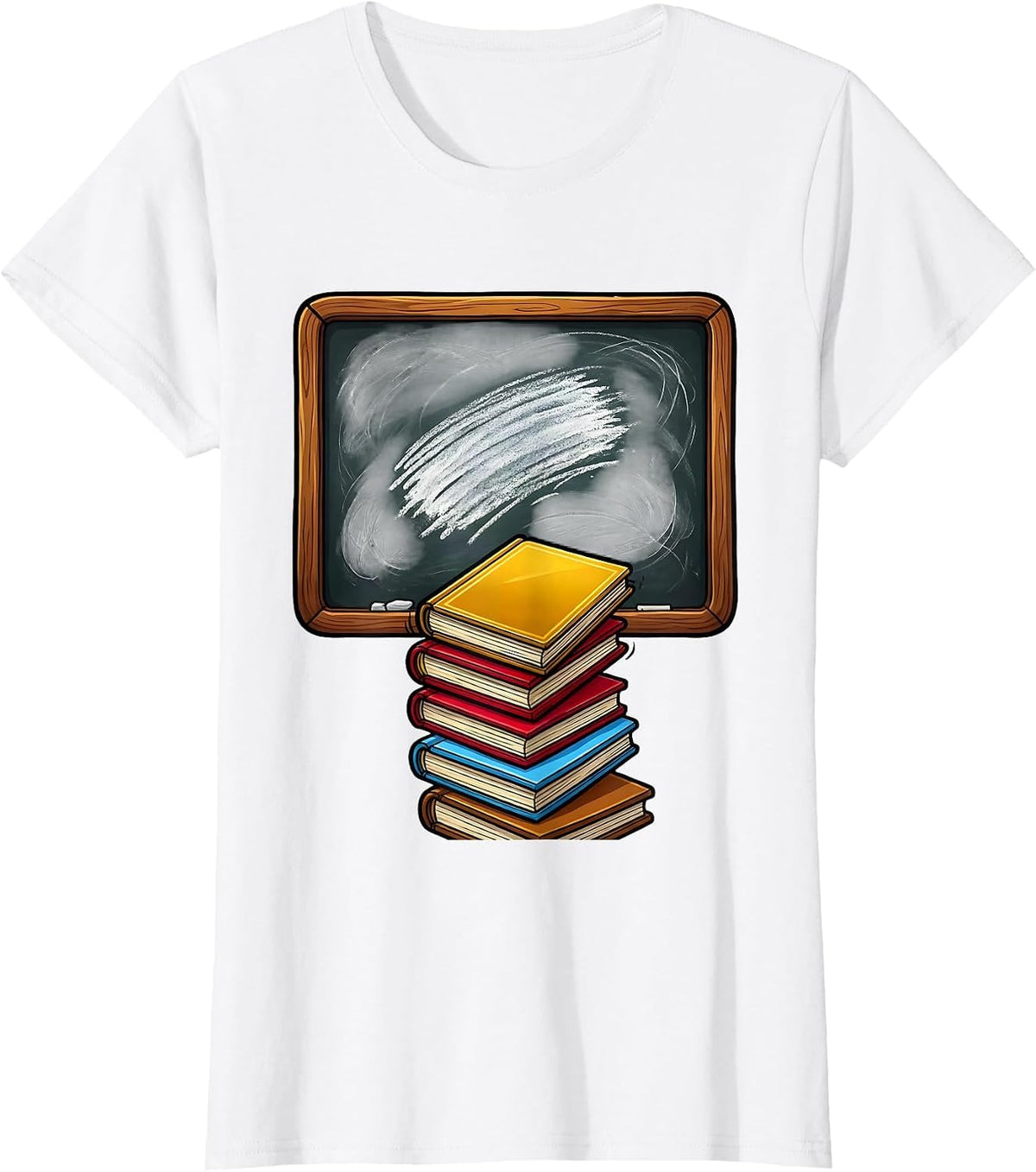 Women's Reading Teacher Chalkboard and Books Illustration T-Shirt - White