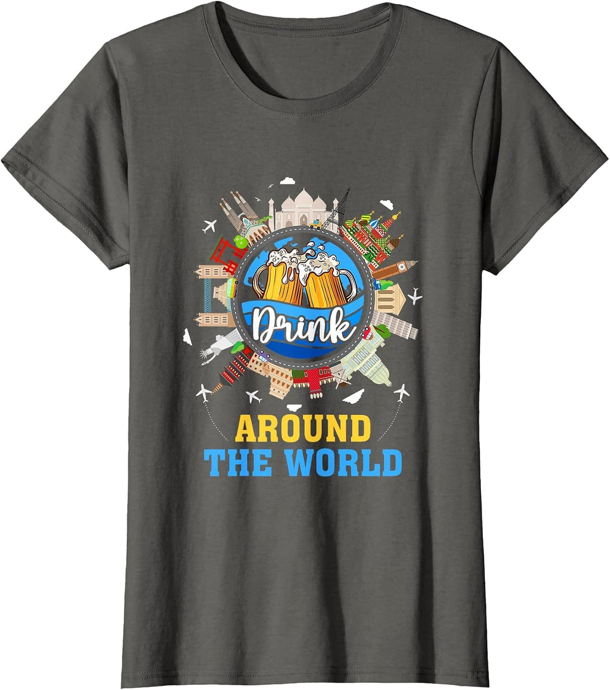 Drink Around The World Vacation Adult Drinking Beer Party T-Shirt - Asphalt Grey