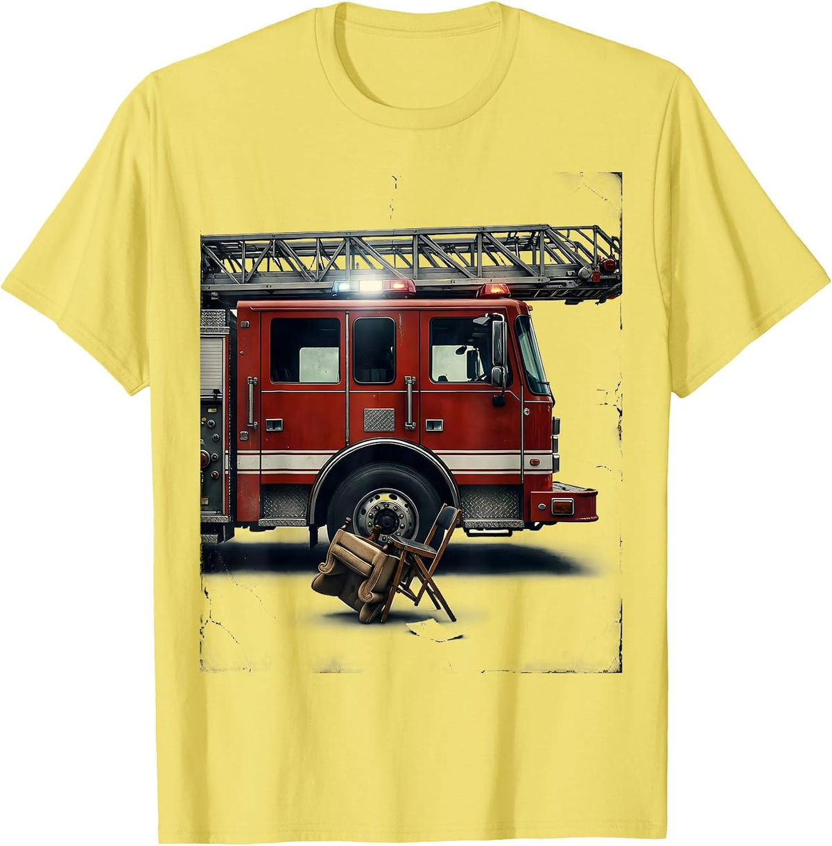 Men's Fire Engine Distressed Firefighter Humor Gift T-Shirt - Lemon Yellow