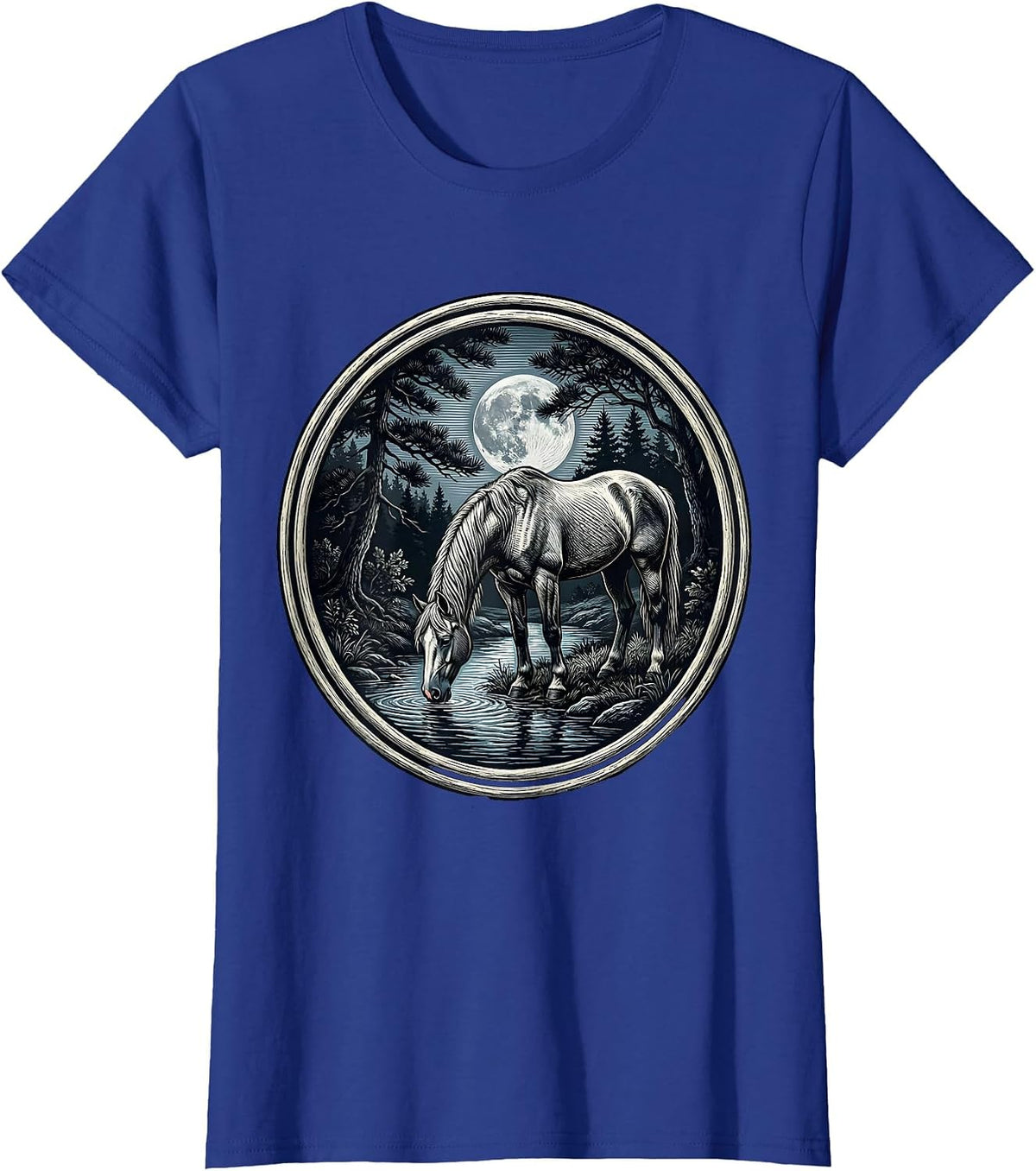 Women's Horse Drinking from Moonlit Forest Stream T-Shirt - Royal Blue